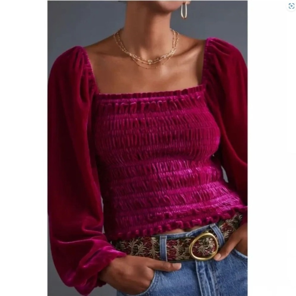 NWT‎ Anthropologie Smocked Puff Balloon Sleeve Velvet Ruche Top Small Romantic